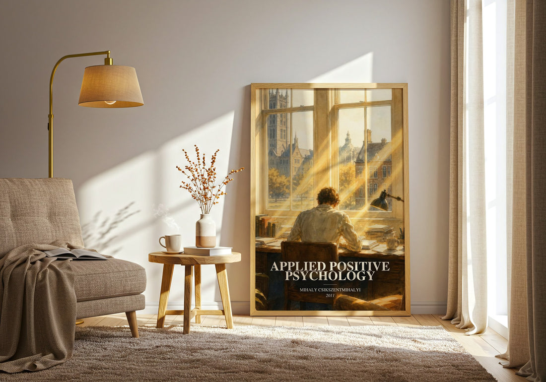 Applied positive psychology watercolour print in frame leaning in hallway – non fiction wall art
