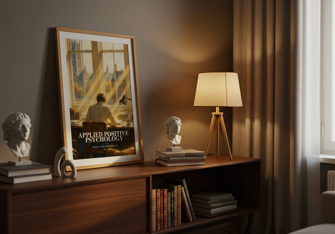 Applied positive psychology watercolour print on bookshelf – Mihaly Csikszentmihalyi fan gift