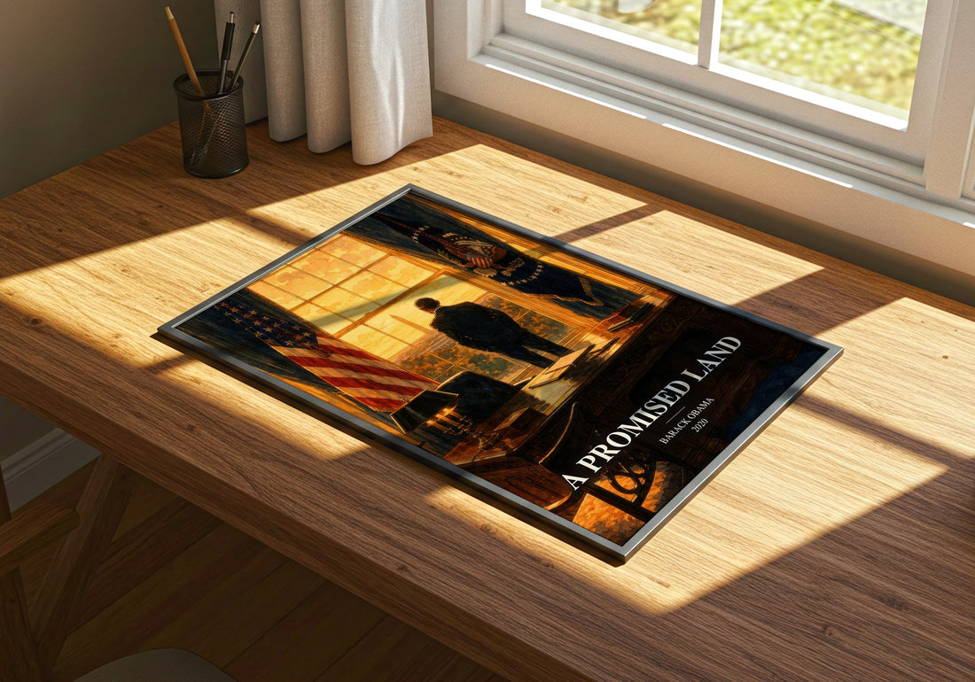 A Promised Land watercolour book poster framed on wall – memoir wall art