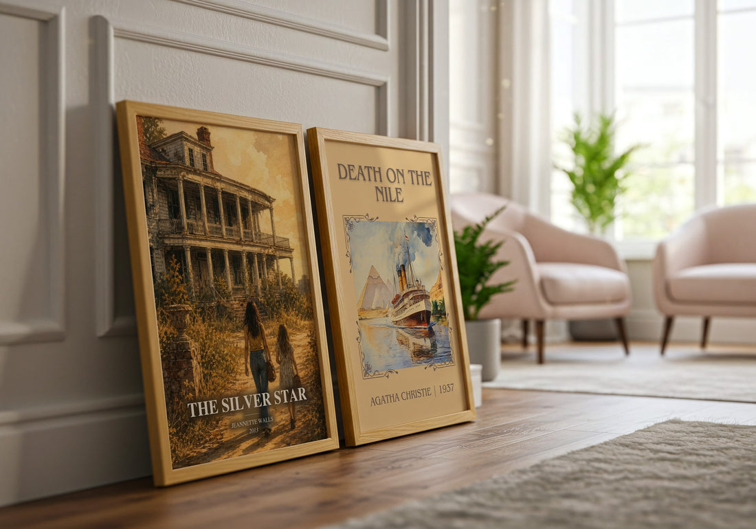 The silver star watercolour print framed by window – literary home decor