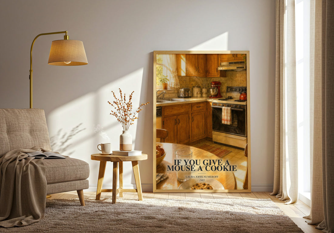 If You Give a Mouse a Cookie watercolour print in frame leaning in hallway – childrens wall art