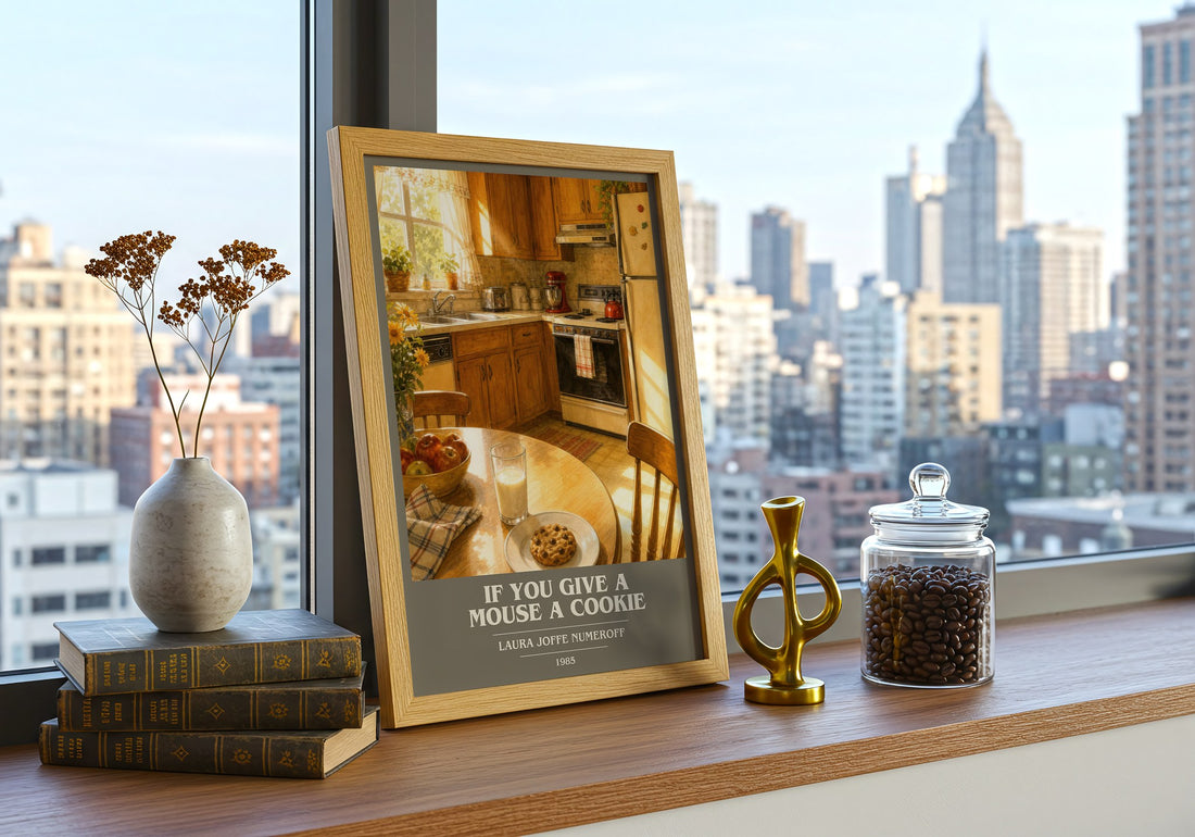 If You Give a Mouse a Cookie book cover print framed by window – literary home decor