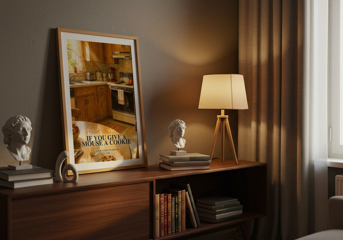 If You Give a Mouse a Cookie watercolour print on bookshelf – Laura Joffe Numeroff fan gift