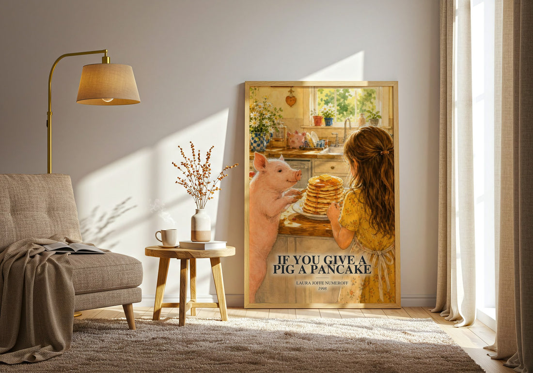 If You Give a Pig a Pancake watercolour print in frame leaning in hallway – childrens wall art