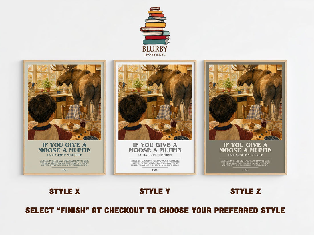 If You Give a Moose a Muffin bookish print in frame leaning in hallway – childrens wall art (mockup)