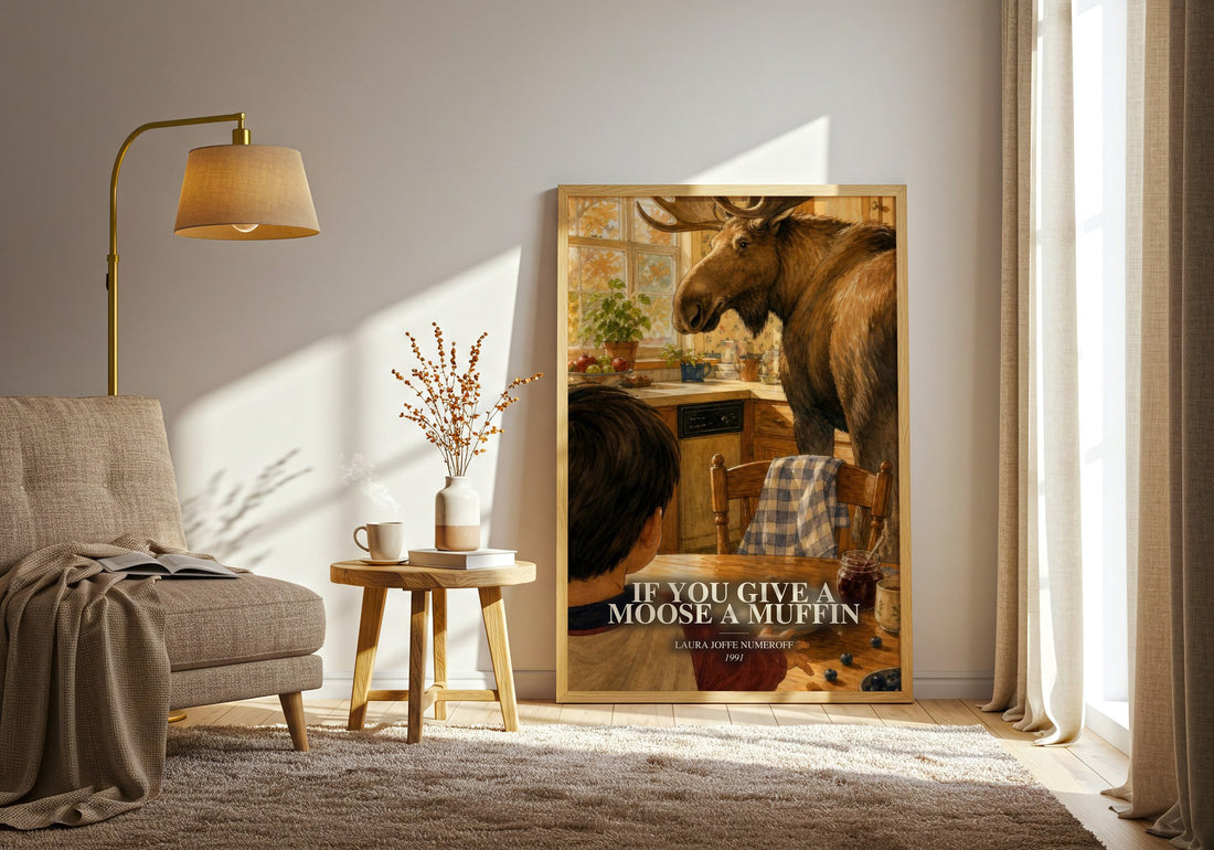 If You Give a Moose a Muffin watercolour print in frame leaning in hallway – childrens wall art