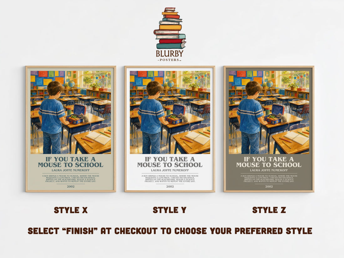 If You Take a Mouse to School bookish print in frame leaning in hallway – childrens wall art (mockup)