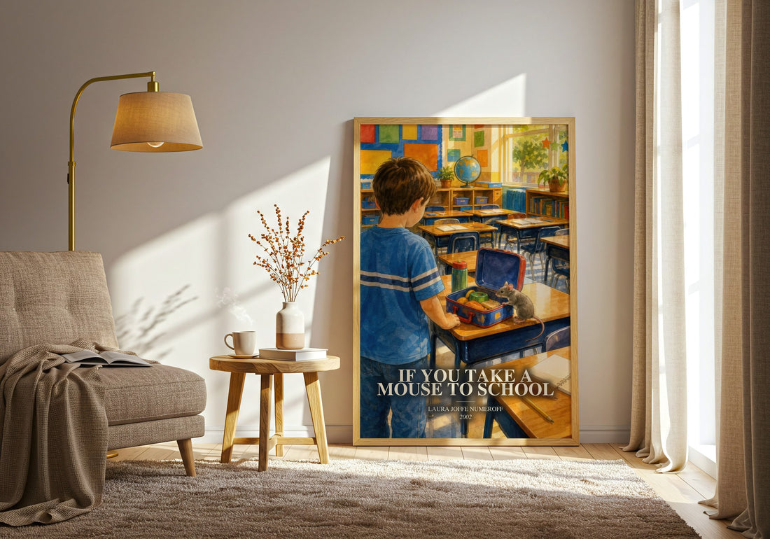 If You Take a Mouse to School watercolour print in frame leaning in hallway – childrens wall art