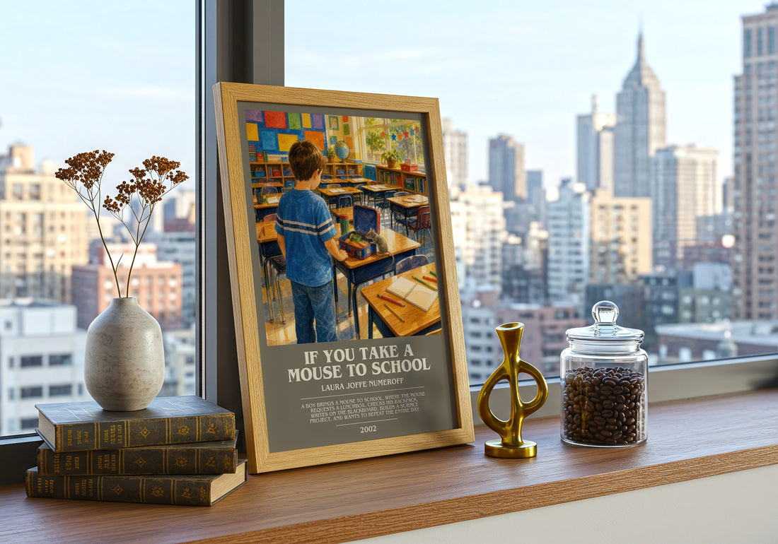If You Take a Mouse to School bookish print framed by window – literary home decor