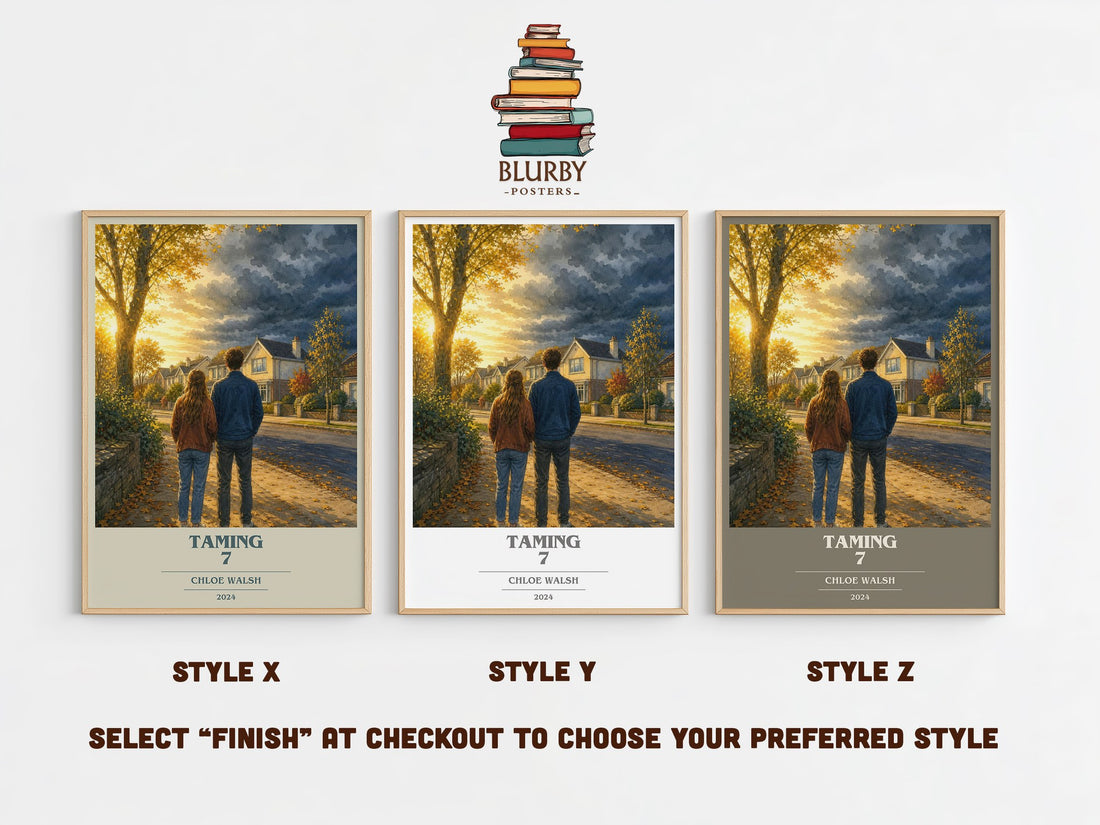 Taming 7 book cover print in frame leaning in hallway – young adult wall art (mockup)