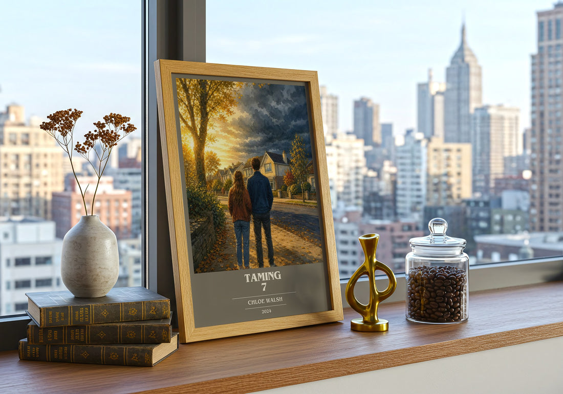 Taming 7 book cover print framed by window – literary home decor