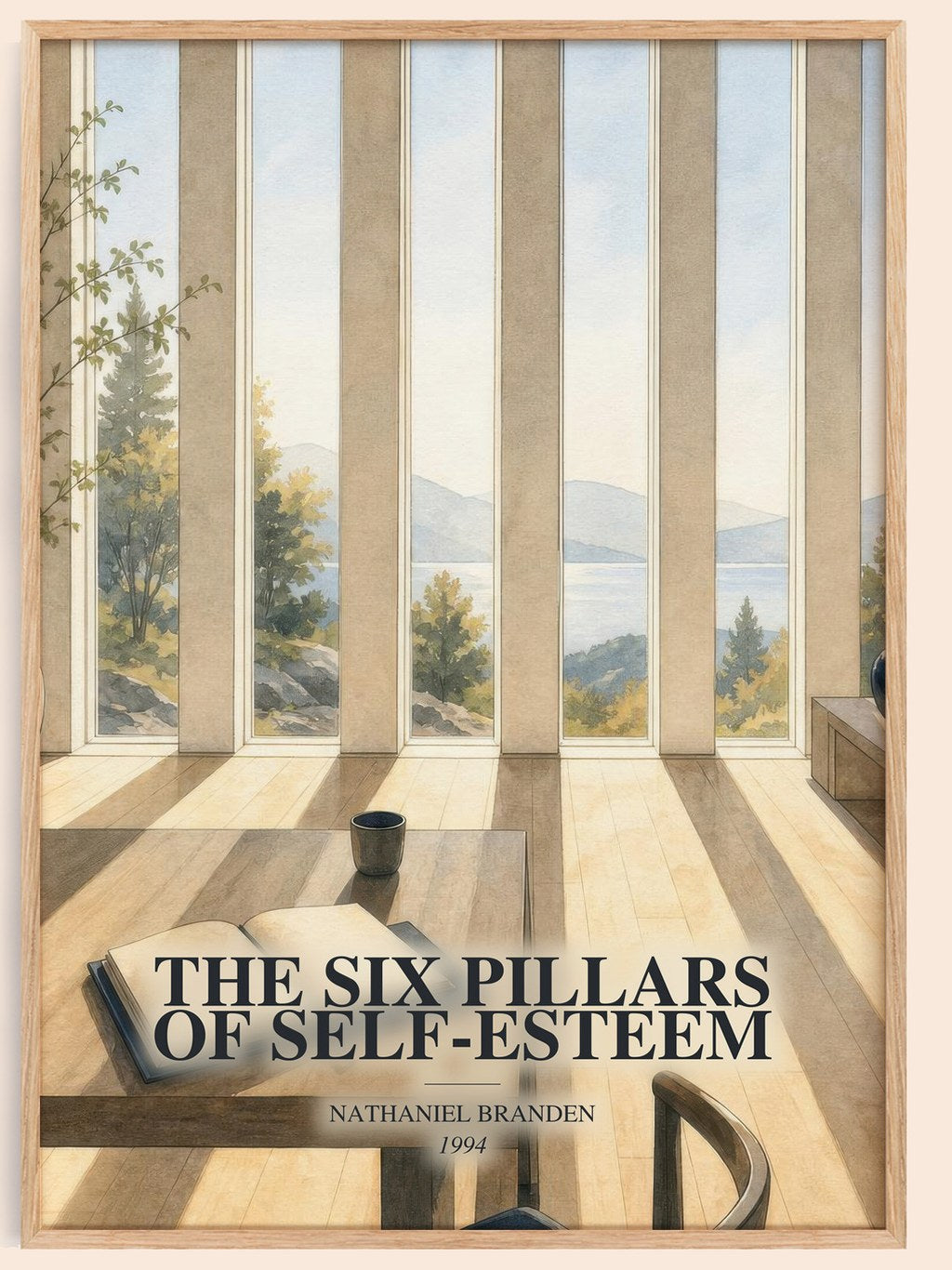 The six pillars of self-esteem watercolour book poster by Nathaniel Branden – framed literary art print