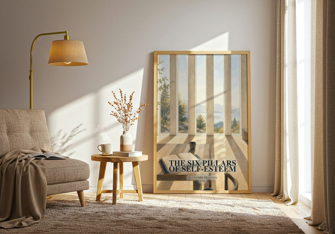 The six pillars of self-esteem watercolour print in frame leaning in hallway – non fiction wall art