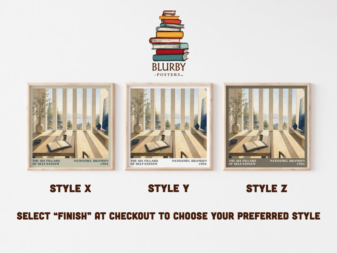 The six pillars of self-esteem literary print in frame leaning in hallway – non fiction wall art (mockup)