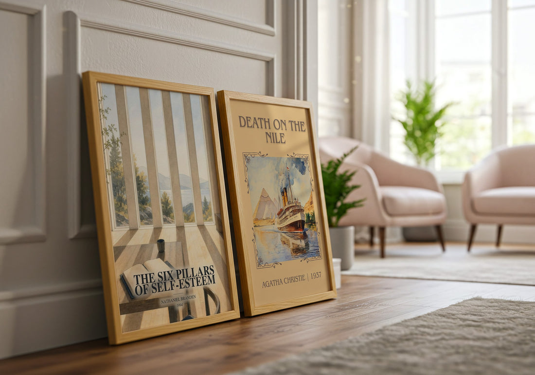 The six pillars of self-esteem watercolour print framed by window – literary home decor