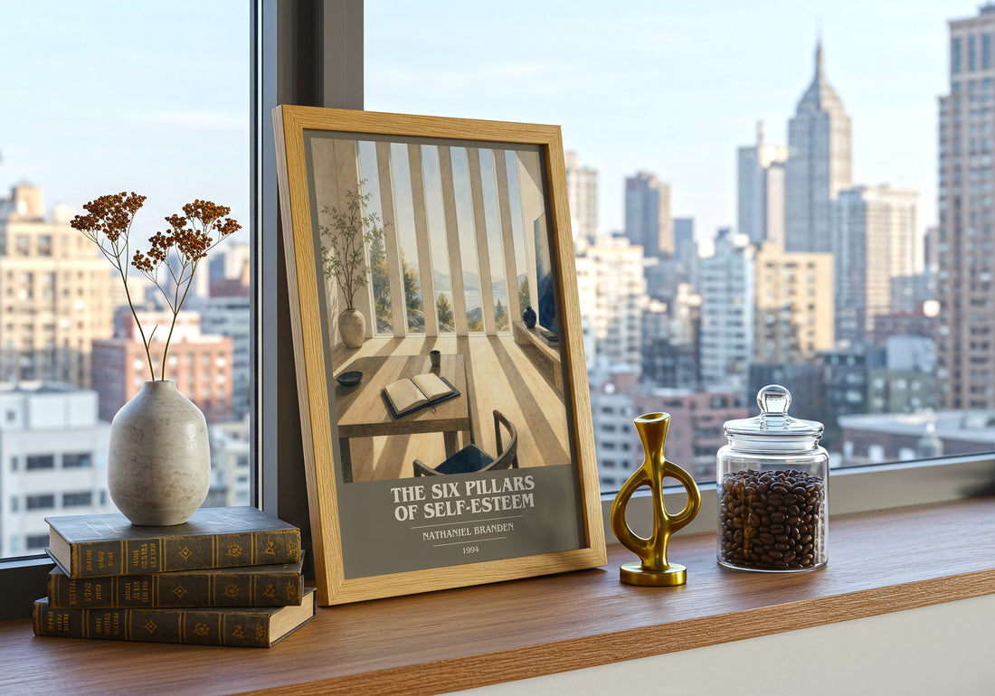The six pillars of self-esteem book cover print framed by window – literary home decor