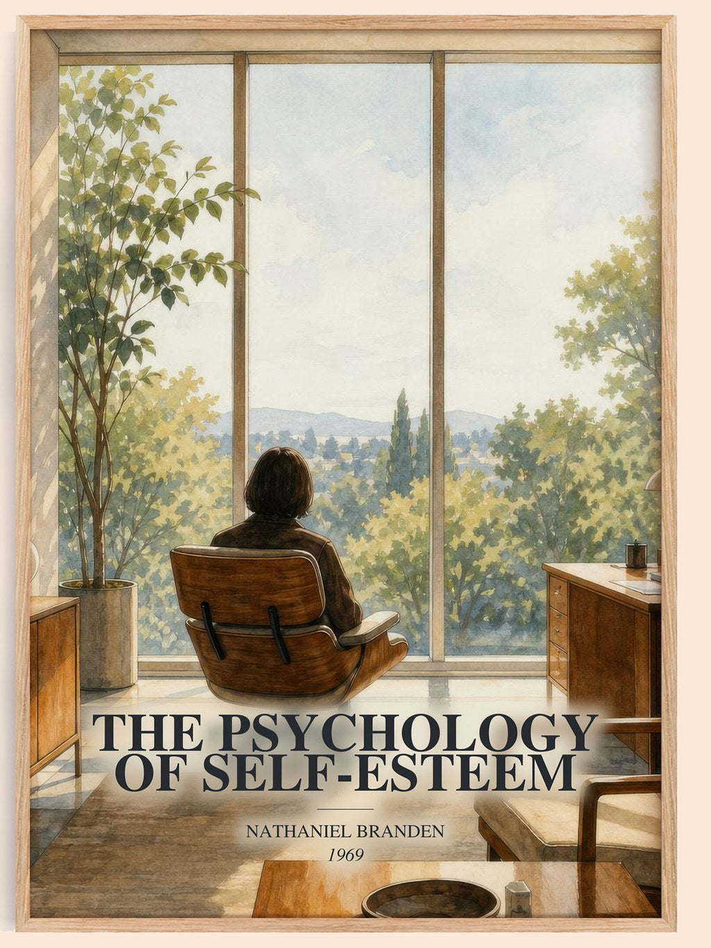The psychology of self-esteem watercolour book poster by Nathaniel Branden – framed literary art print
