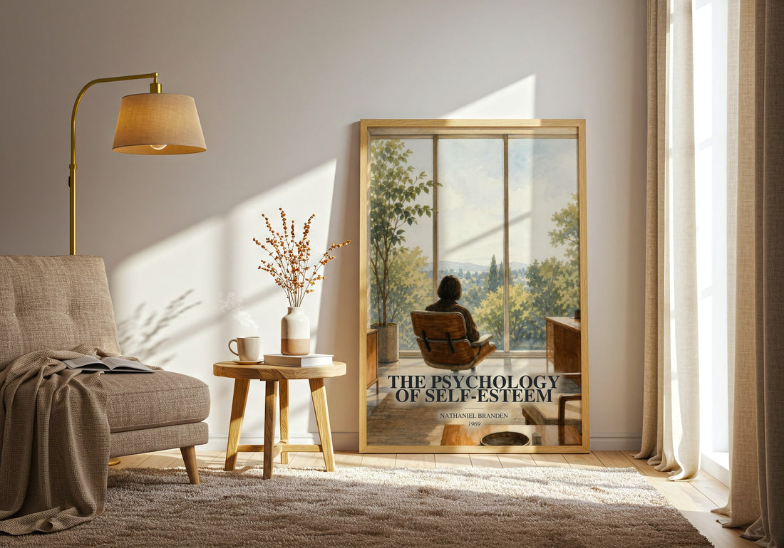 The psychology of self-esteem watercolour print in frame leaning in hallway – non fiction wall art