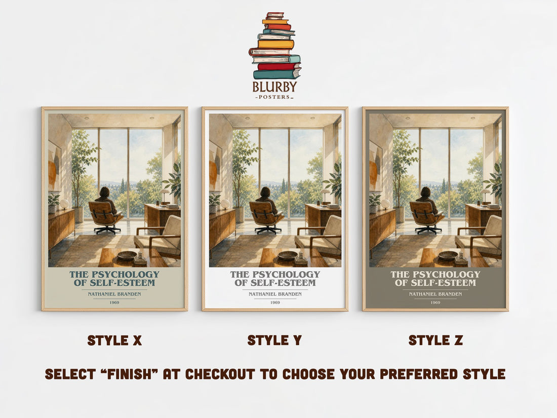 The psychology of self-esteem book cover print in frame leaning in hallway – non fiction wall art (mockup)