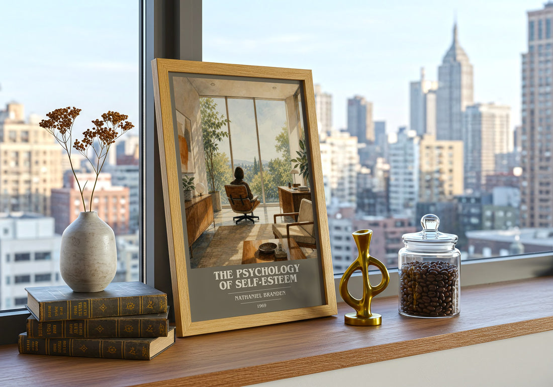 The psychology of self-esteem book cover print framed by window – literary home decor