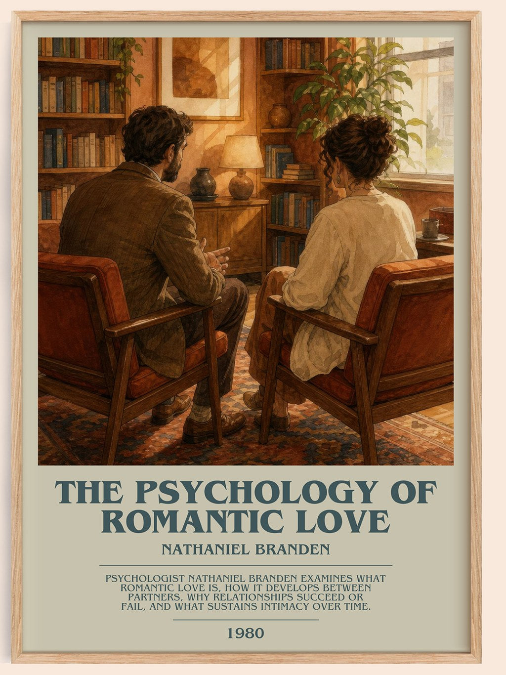 The psychology of romantic love bookish book poster by Nathaniel Branden – framed literary art print