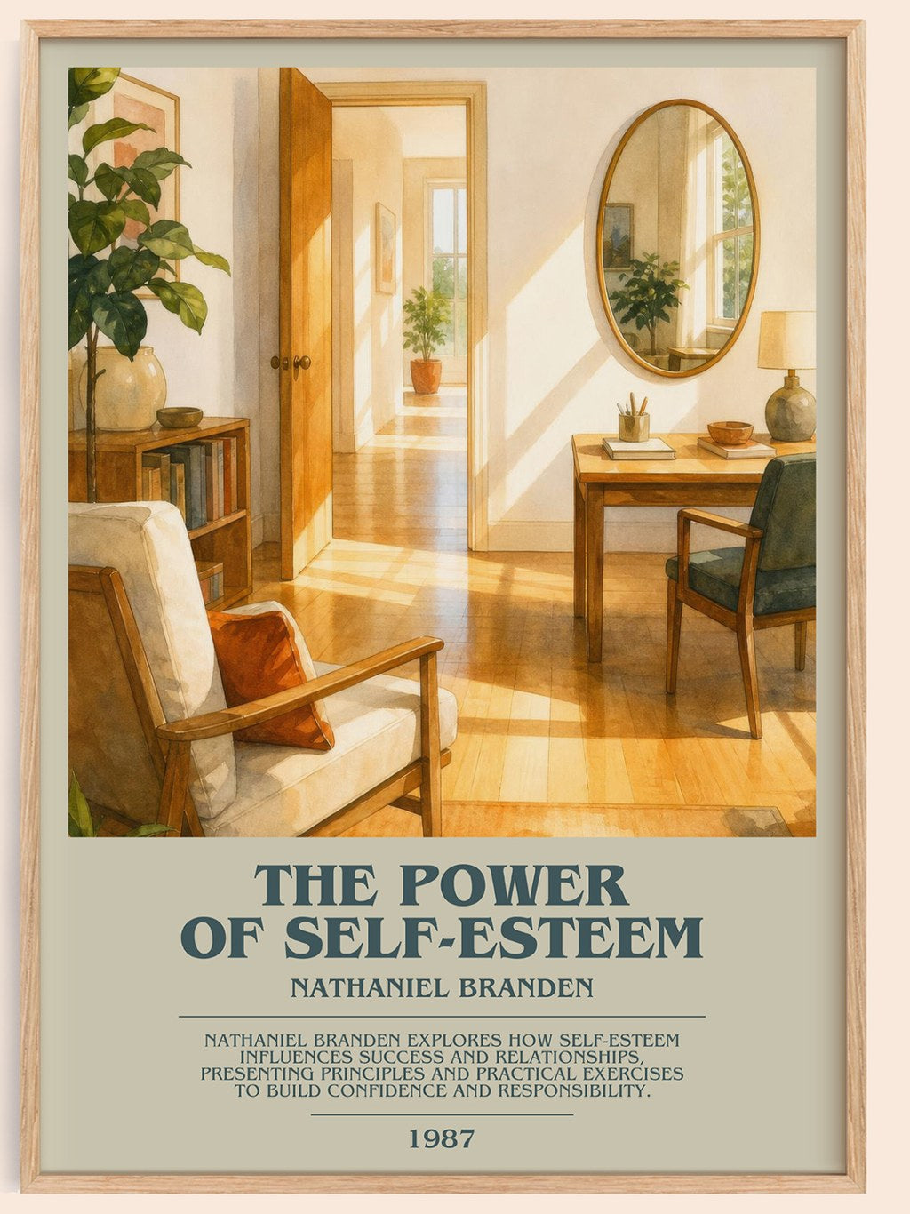 The power of self-esteem bookish book poster by Nathaniel Branden – framed literary art print