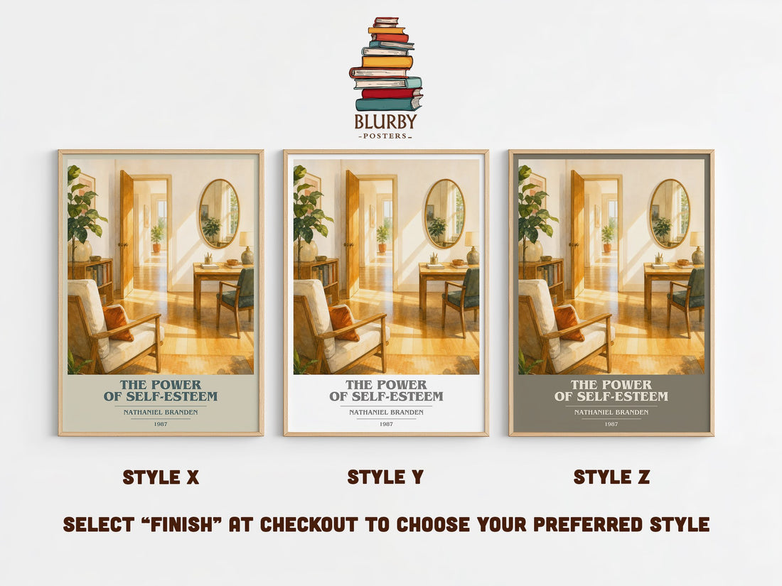 The power of self-esteem book cover print in frame leaning in hallway – non fiction wall art (mockup)