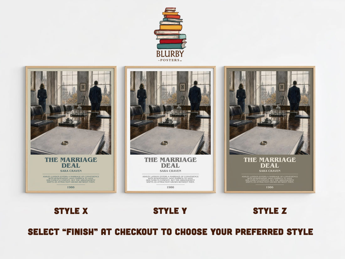 The Marriage Deal bookish print in frame leaning in hallway – romance wall art (mockup)