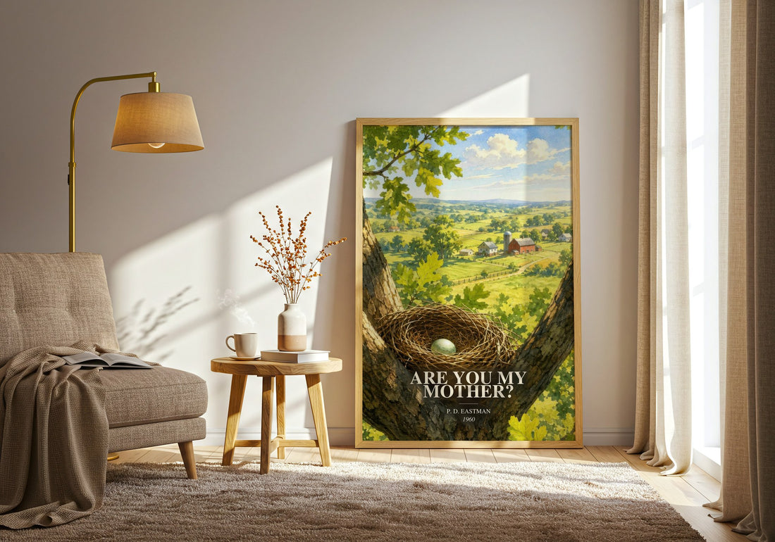 Are You My Mother? watercolour print in frame leaning in hallway – childrens wall art