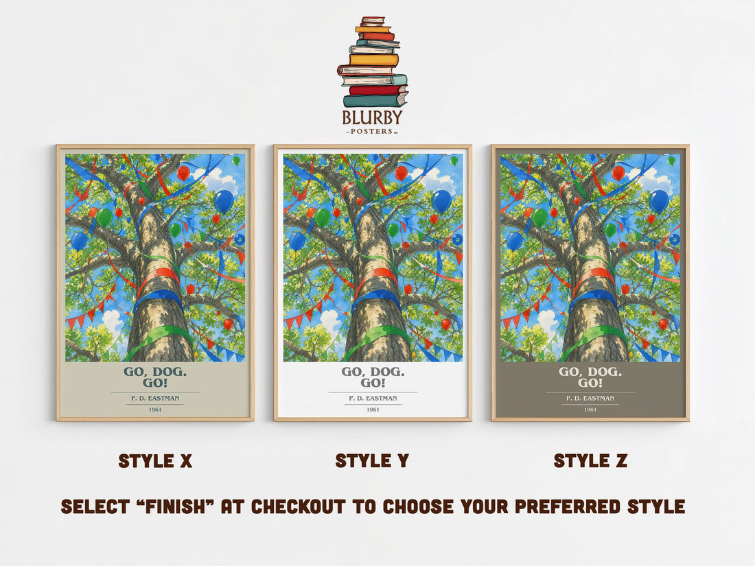 Go, Dog. Go! book cover print in frame leaning in hallway – childrens wall art (mockup)
