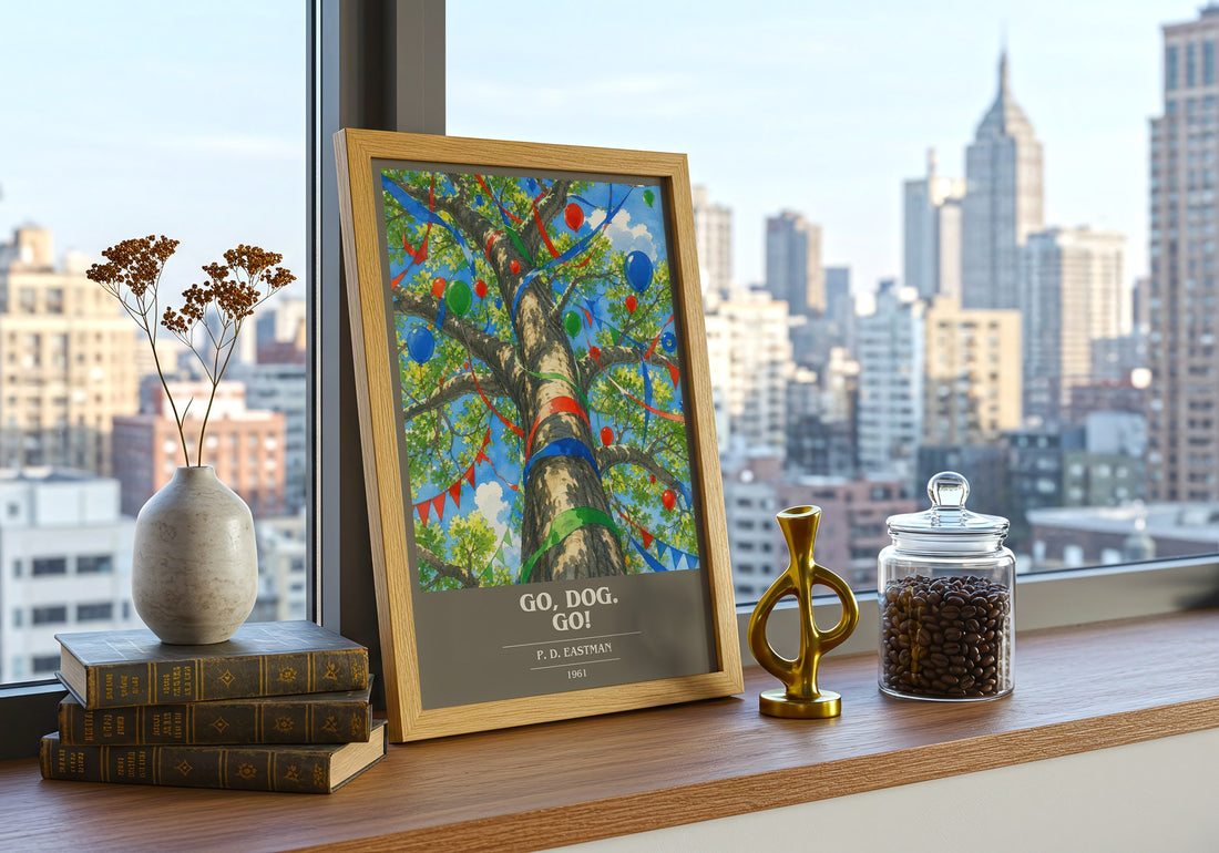 Go, Dog. Go! book cover print framed by window – literary home decor