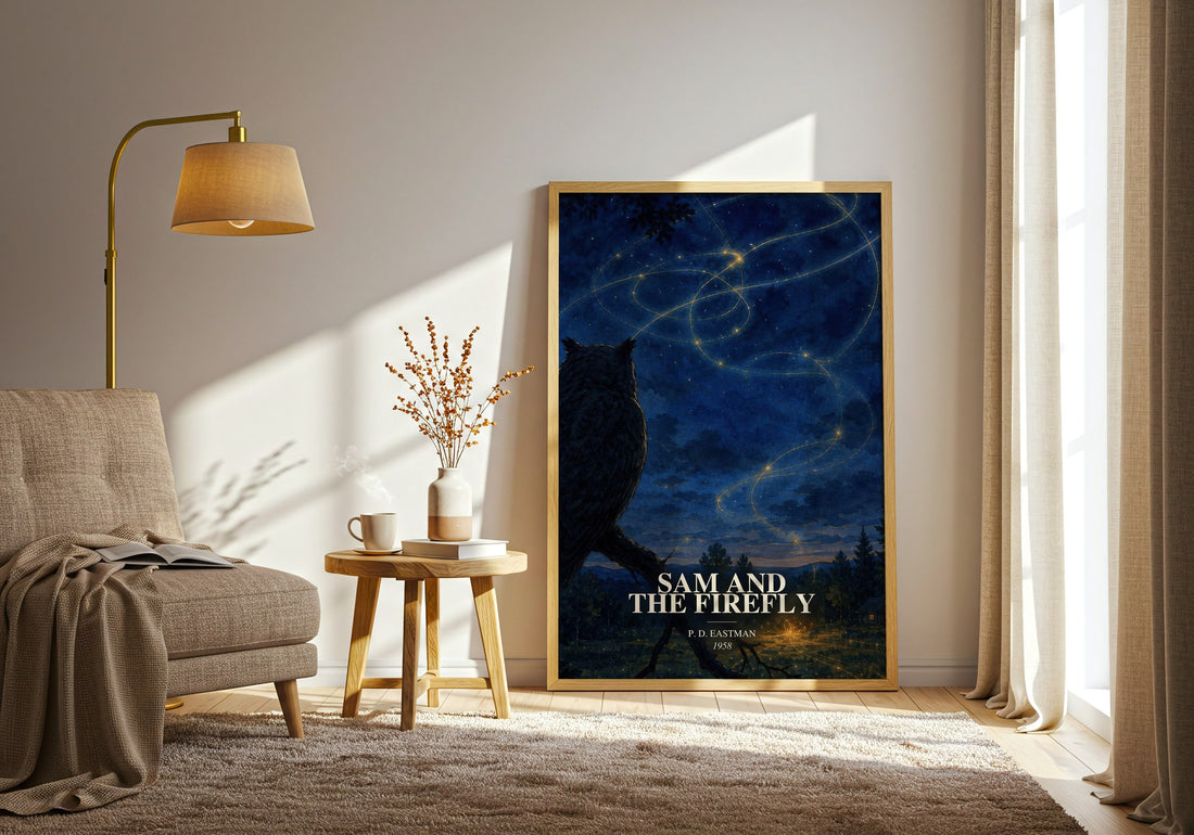 Sam and the Firefly watercolour print in frame leaning in hallway – childrens wall art