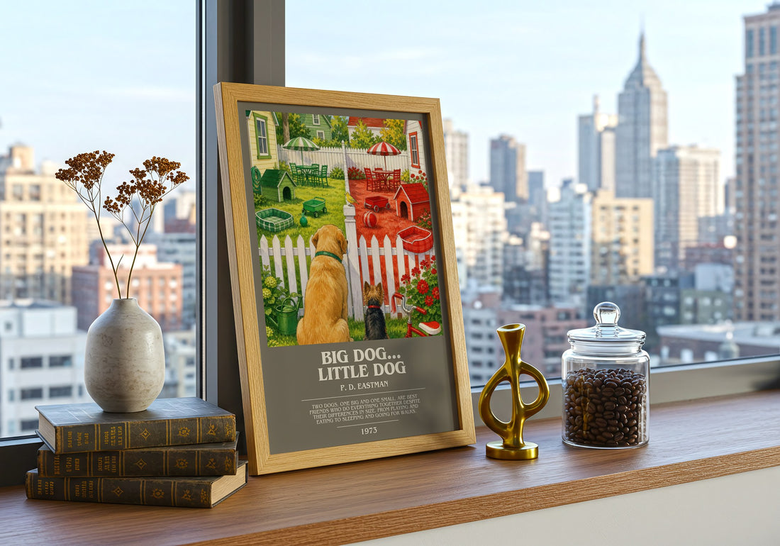 Big Dog... Little Dog bookish print framed by window – literary home decor