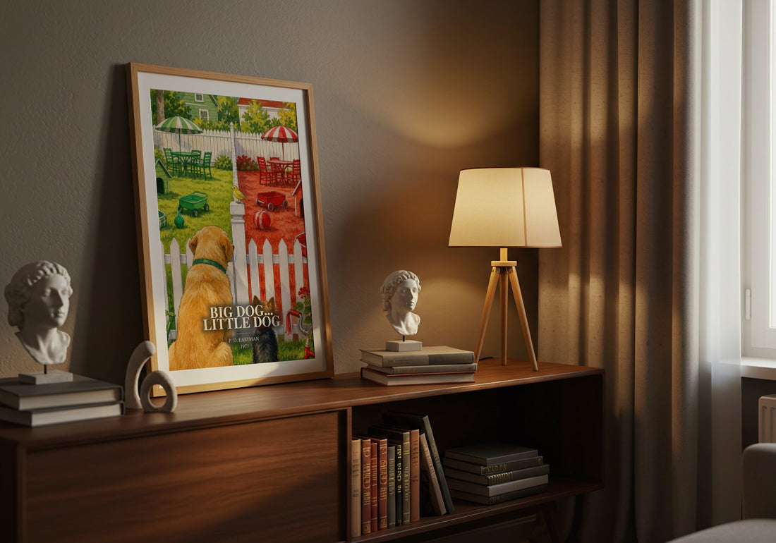 Big Dog... Little Dog watercolour print on bookshelf – P. D. Eastman fan gift