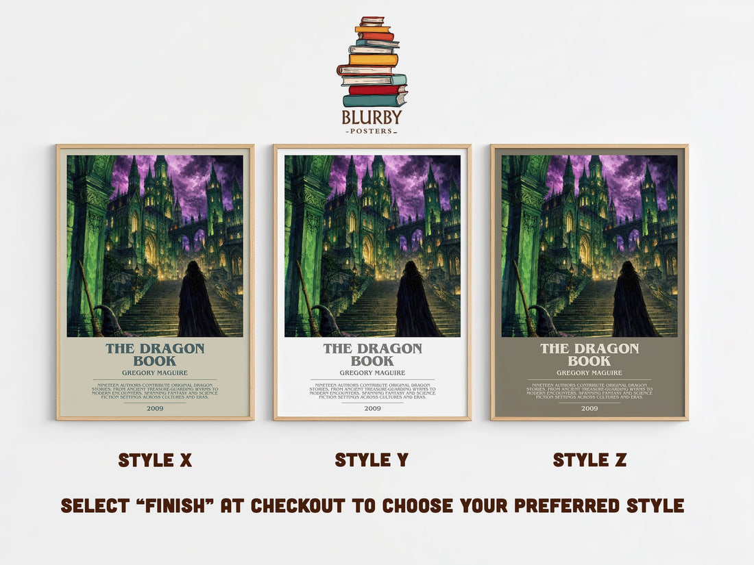 The Dragon Book bookish print in frame leaning in hallway – fantasy wall art (mockup)