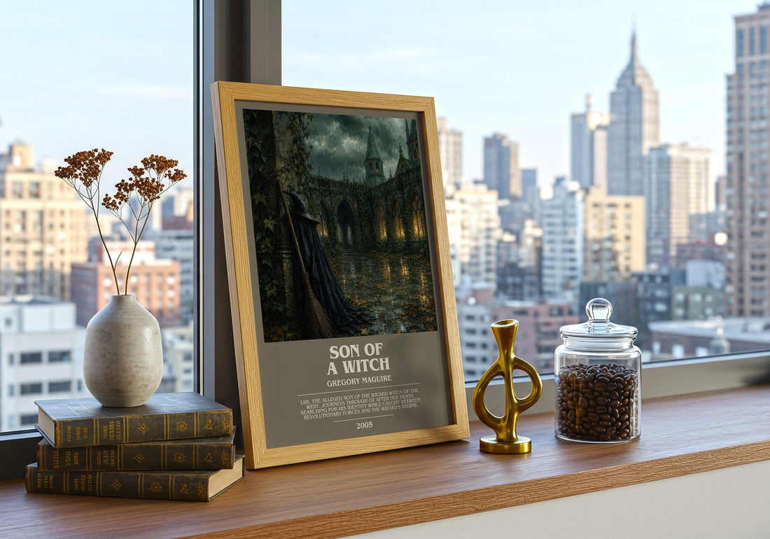 Son of a Witch bookish print framed by window – literary home decor