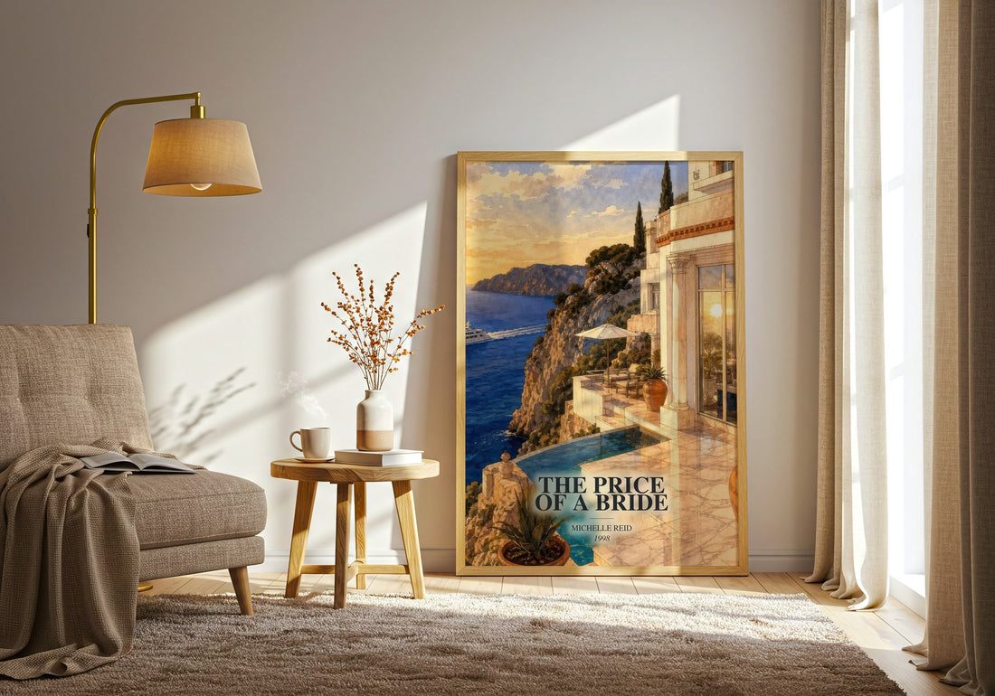 The Price of a Bride watercolour print in frame leaning in hallway – romance wall art