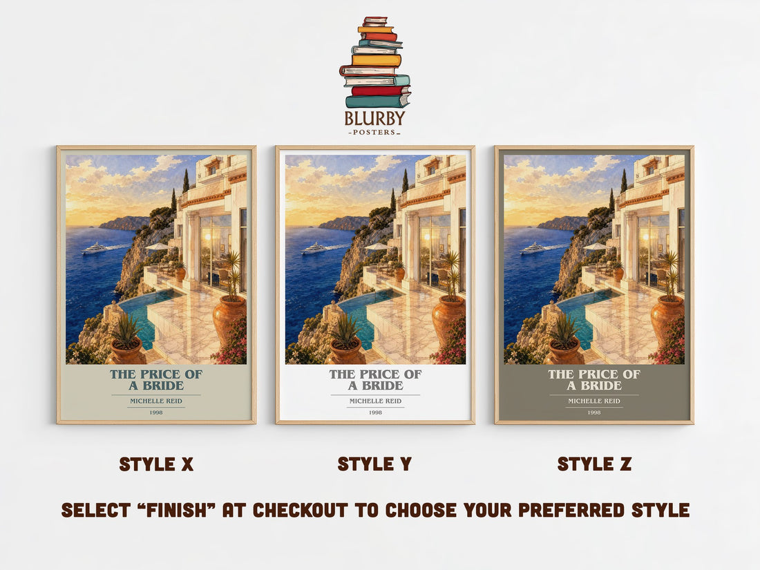 The Price of a Bride book cover print in frame leaning in hallway – romance wall art (mockup)