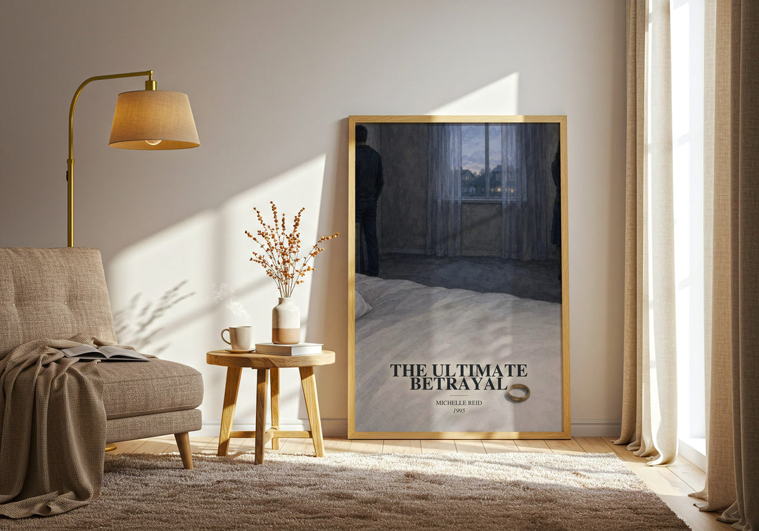 The Ultimate Betrayal watercolour print in frame leaning in hallway – romance wall art