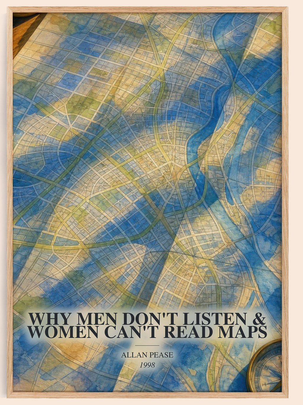 Why men don't listen & women can't read maps watercolour book poster by Allan Pease – framed literary art print
