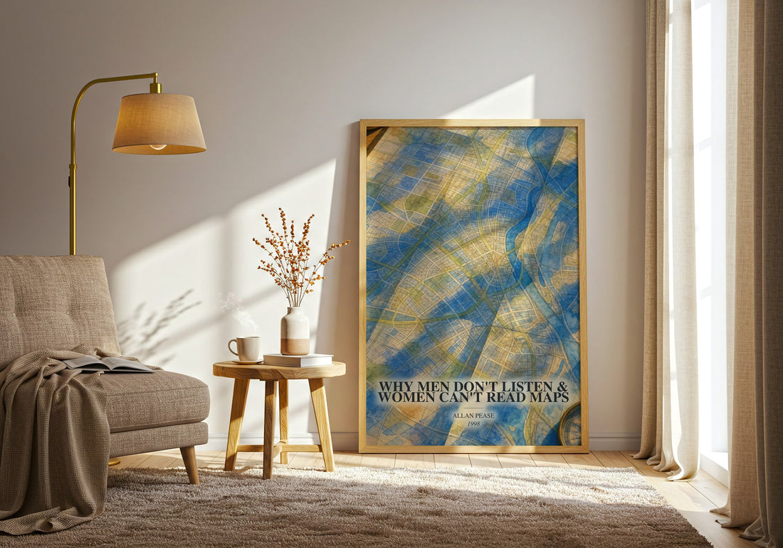 Why men don't listen & women can't read maps watercolour print in frame leaning in hallway – non fiction wall art