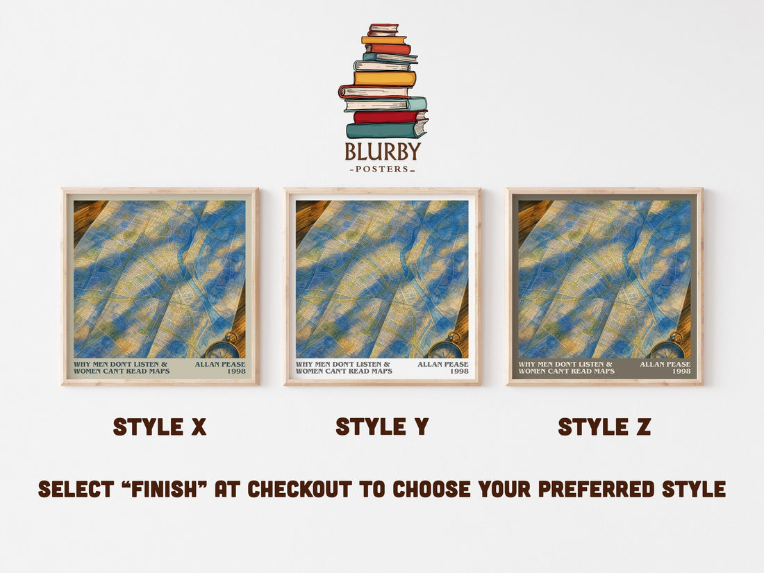 Why men don't listen & women can't read maps literary print in frame leaning in hallway – non fiction wall art (mockup)
