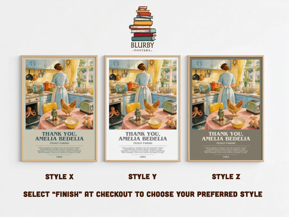 Thank You, Amelia Bedelia bookish print in frame leaning in hallway – childrens wall art (mockup)