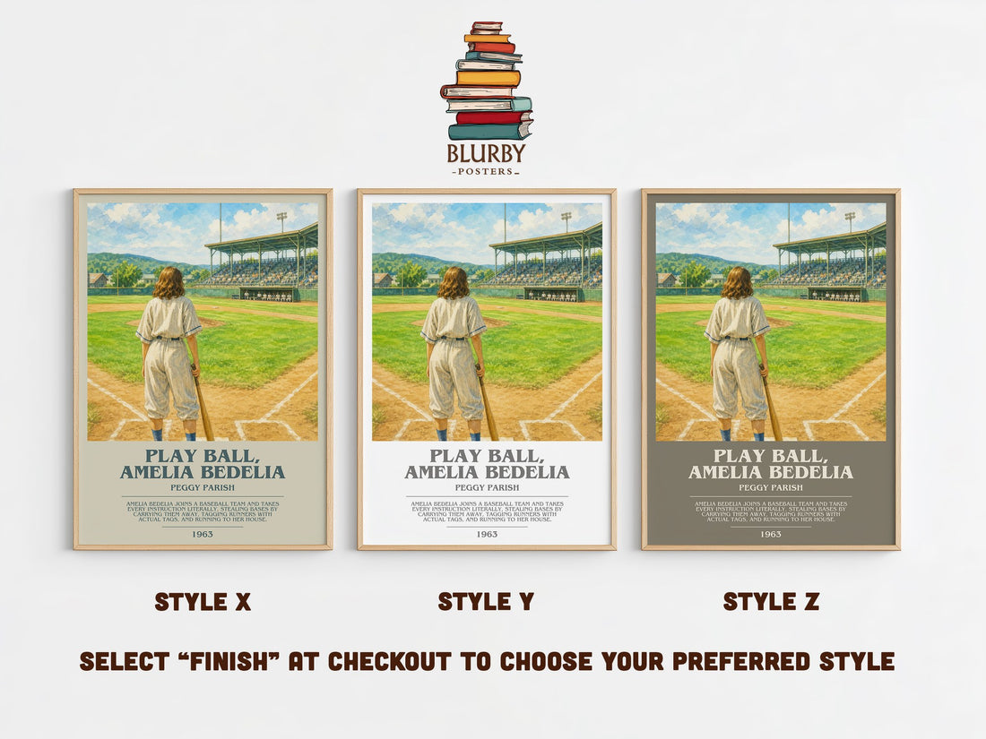 Play Ball, Amelia Bedelia bookish print in frame leaning in hallway – childrens wall art (mockup)