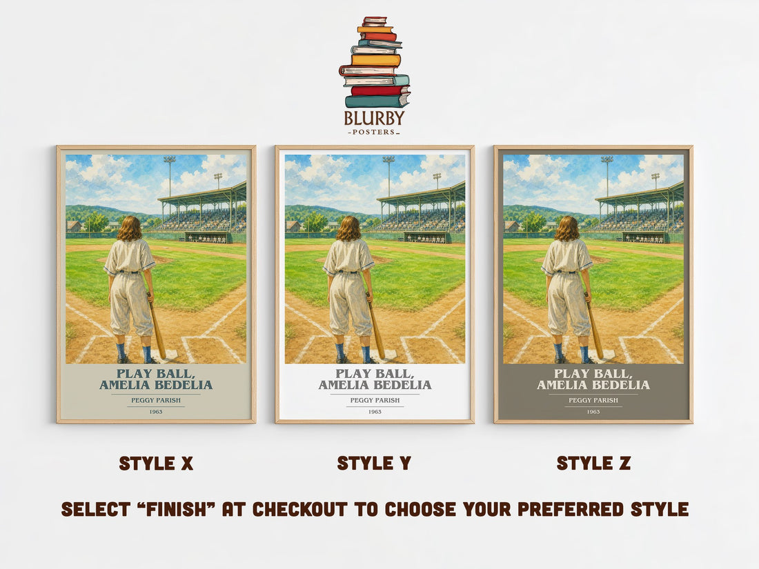 Play Ball, Amelia Bedelia book cover print in frame leaning in hallway – childrens wall art (mockup)