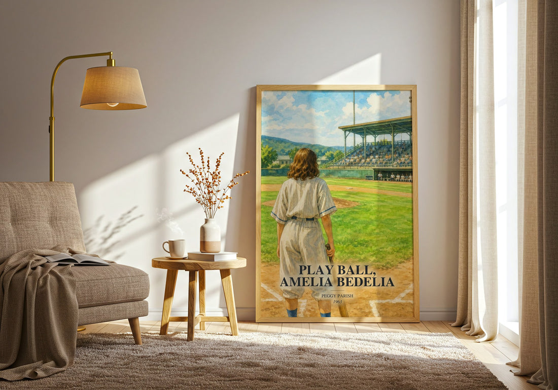 Play Ball, Amelia Bedelia watercolour print in frame leaning in hallway – childrens wall art