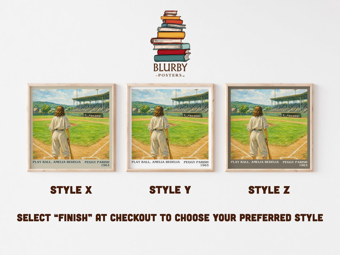 Play Ball, Amelia Bedelia literary print in frame leaning in hallway – childrens wall art (mockup)