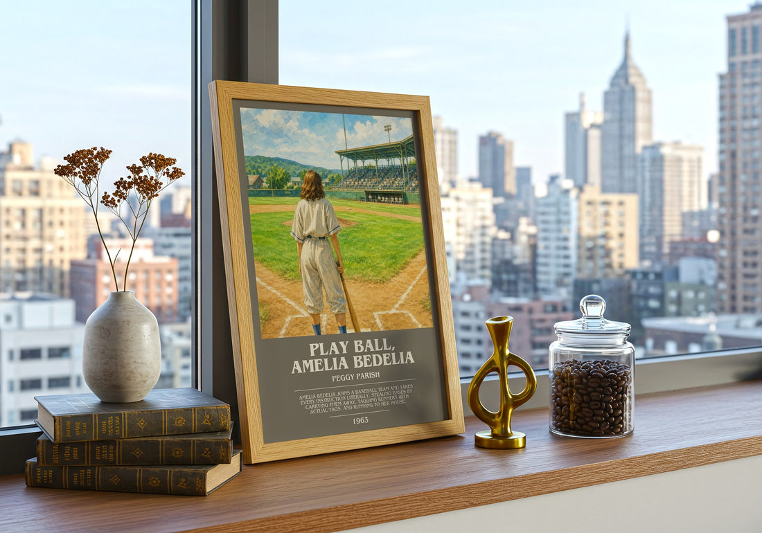 Play Ball, Amelia Bedelia bookish print framed by window – literary home decor