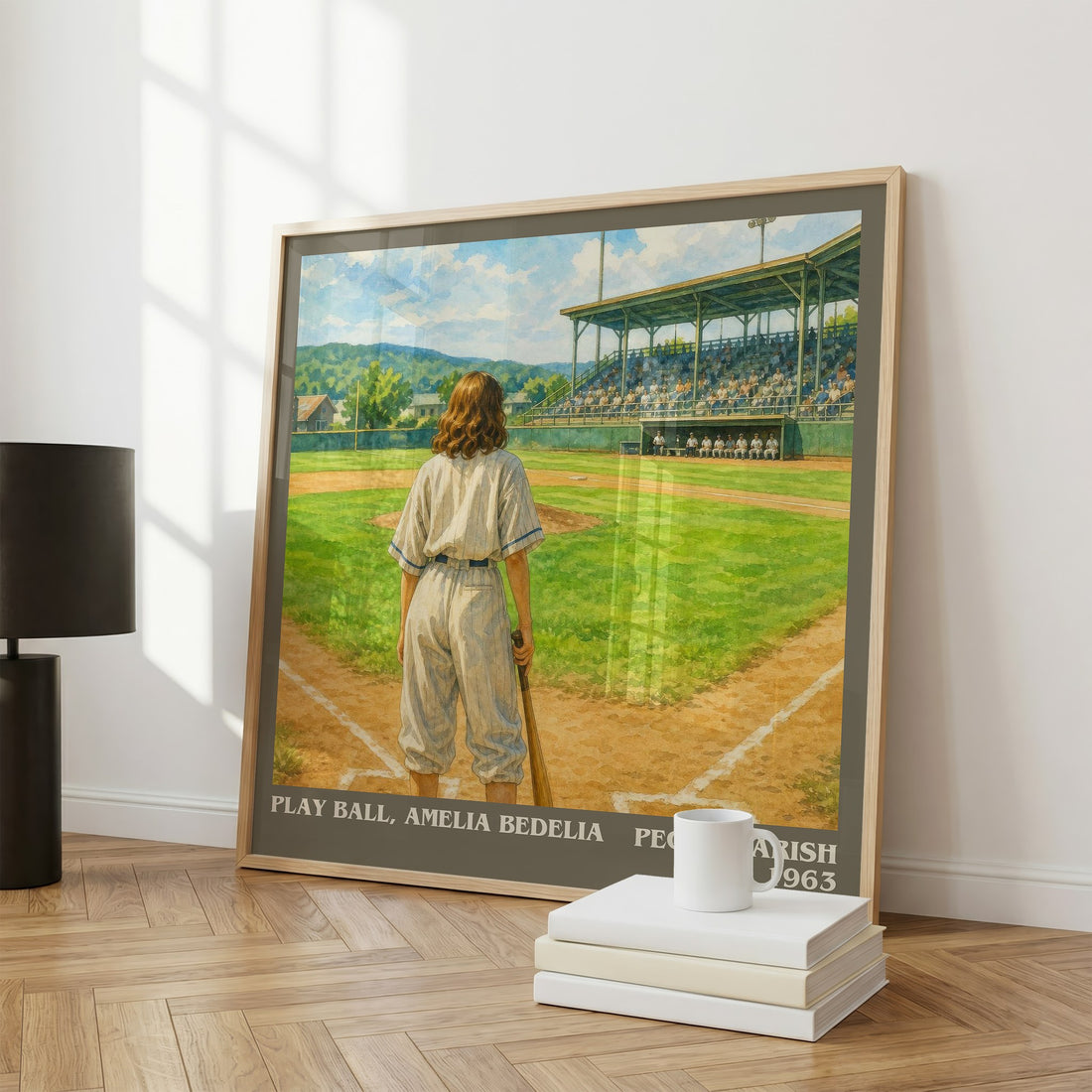 Play Ball, Amelia Bedelia literary print framed by window – literary home decor