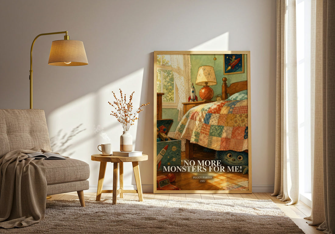 No More Monsters for Me! watercolour print in frame leaning in hallway – childrens wall art